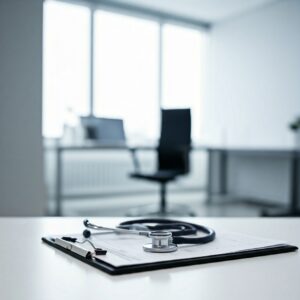 Image of the office of an expert urologic surgeon with a clipboard on a desk